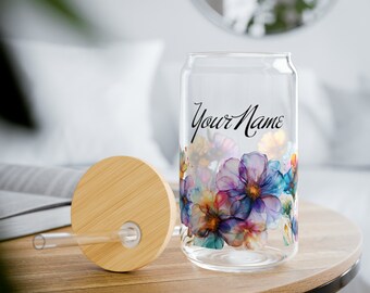 Personalized Alcohol Ink Flower 16oz Sipper Glass - Elegant Floral Design, Bamboo Lid & Straw, Artful Gift"