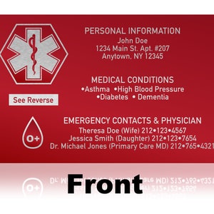 Emergency Medical Contact Card - Aluminum Credit Card Size - 6 Colors!