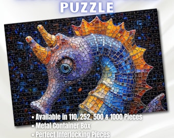 Mosaic Seahorse Puzzle, Available in 110, 252, 500 & 1000 Pieces, Intricate Ocean Art, Vibrant Tile Craftsmanship, Marine Life, Metal Box