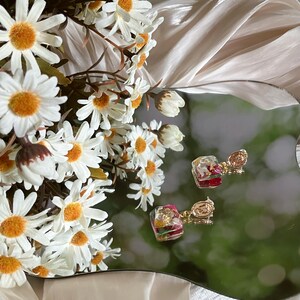 Pink, green and white flower earrings-handmade with sterling 925 silver posts