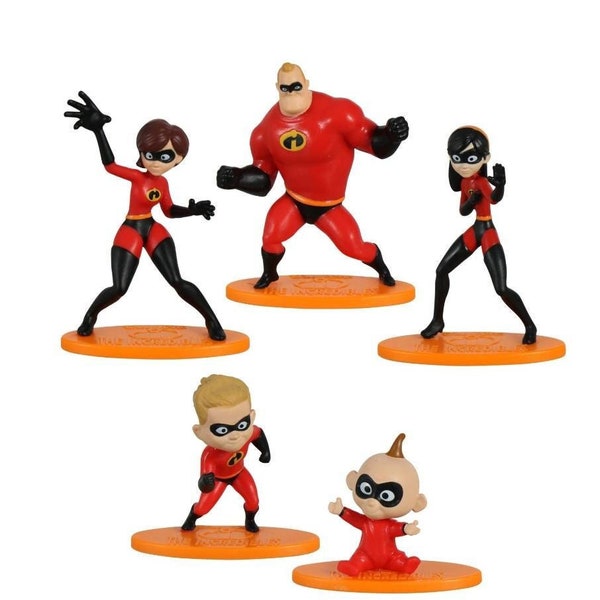 Incredibles 2 Mini Collectible or Cake Topper Figurines , 2.625x2.125x1 in. Bob, Helen, Violet, Dash, and Jack-Jack Parr (Set of 5)