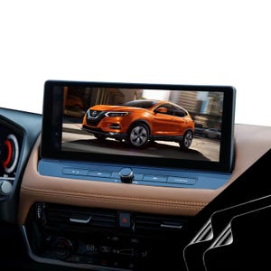 May include: A vehicle dashboard featuring a wide rectangular infotainment screen displaying an orange SUV. Below the screen are physical buttons, a central volume knob, and a climate control panel with a digital display showing 68 degrees Fahrenheit.