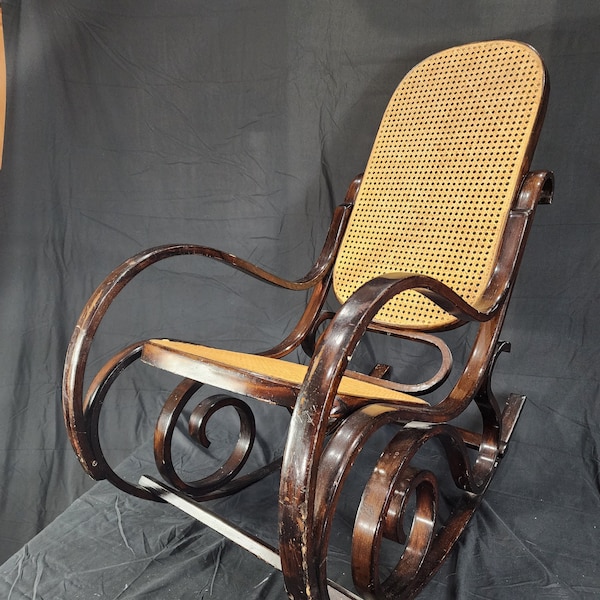 Thonet Style Bentwood Rocker, wicker, dark wood - request shipping estimate