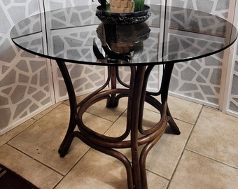 Vintage Rattan Table w/ Smoked Glass Top, request shipping estimate