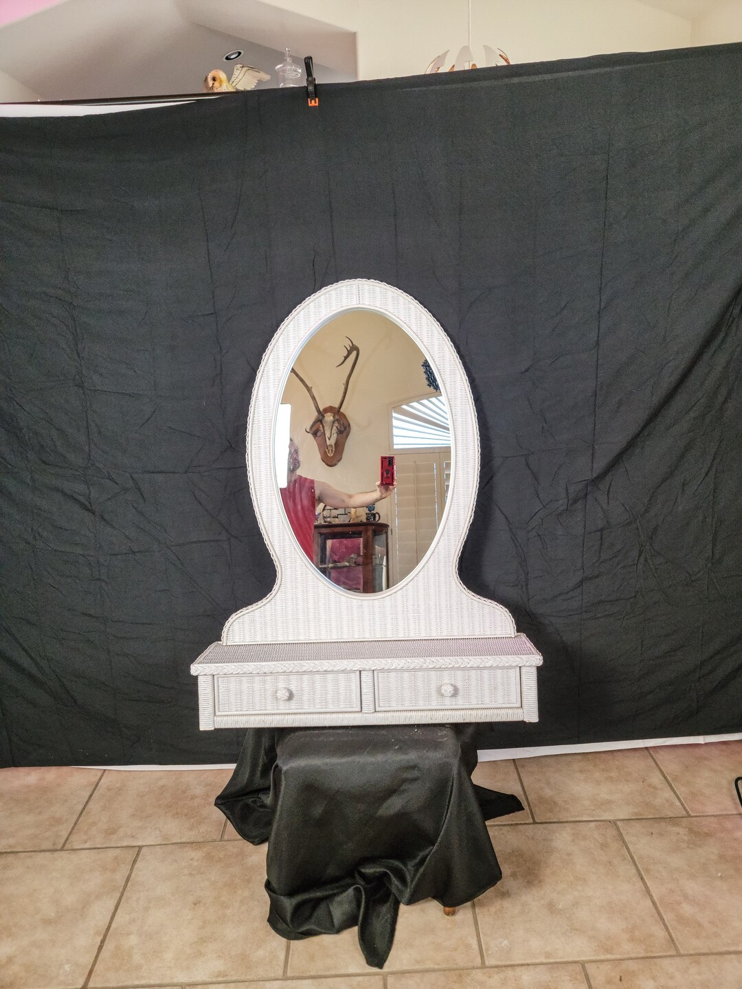 Wicker Vanity Mirror With Drawers, for Dresser or Short Boy Shipping