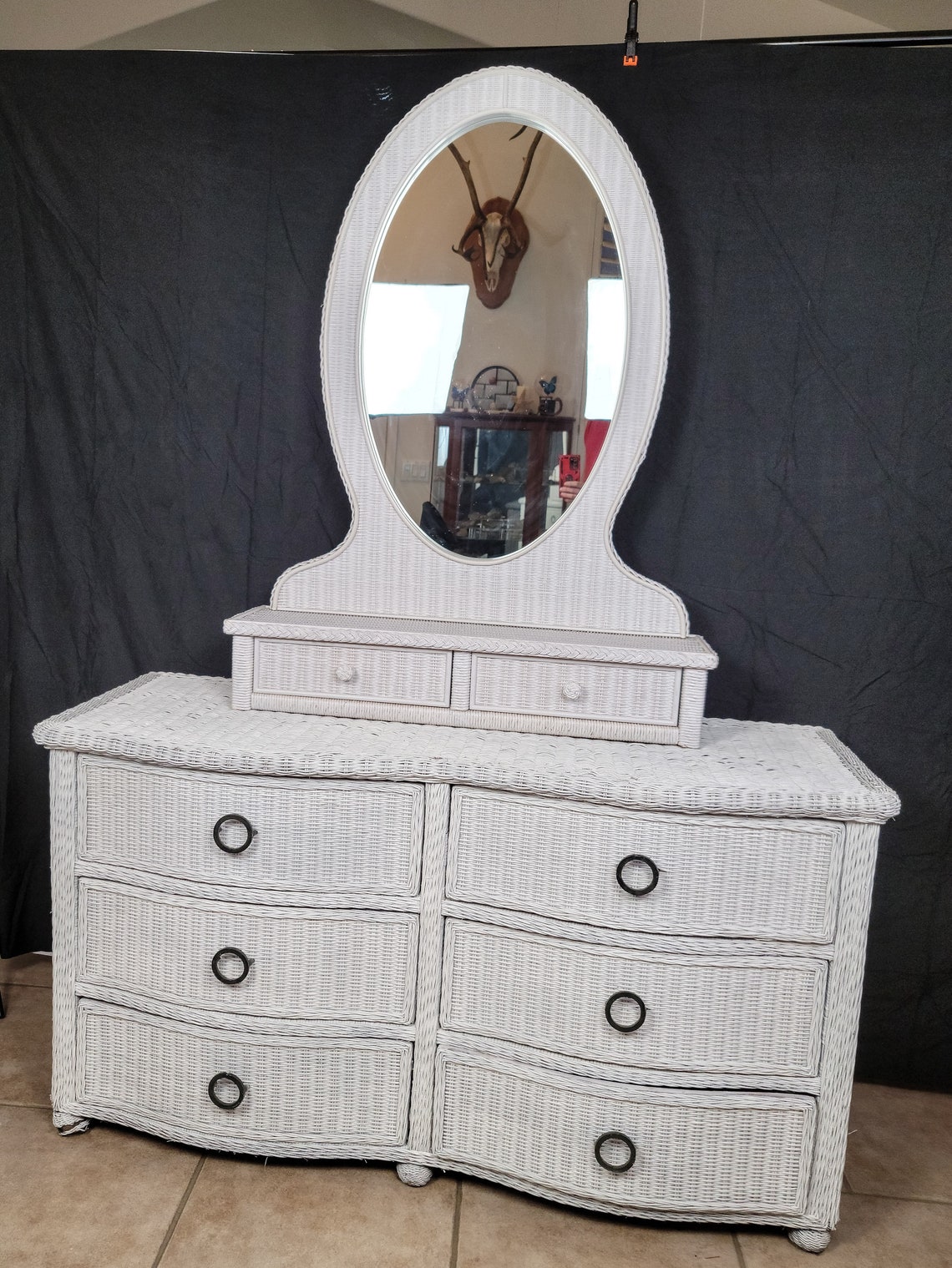 Wicker Vanity Mirror With Drawers, for Dresser or Short Boy Shipping