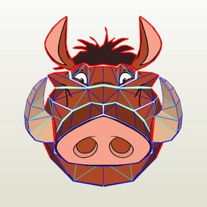 Puede incluir: Ilustración de dibujos animados de la cabeza de un jabalí, con un diseño geométrico en colores marrón, beige y rosa. El jabalí tiene grandes colmillos, orejas y un hocico distintivo. La imagen es una obra de arte digital.