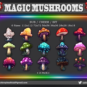 Emblemas Twitch: Cogumelos Mágicos | Pacote de 15 | 6 tamanhos