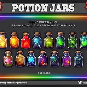 Könnte beinhalten: Ein Set mit 15 bunten Zaubertrank-Gläsern in verschiedenen Größen von 18x18 bis 112x112 Pixel. Die Gläser sind mit verschiedenen farbigen Flüssigkeiten gefüllt und enthalten verschiedene Objekte, wie ein grünes Blatt, einen roten Wurm und eine blaue Kugel. Der Text "POTION JARS" ist oben im Bild zu sehen, und der Text "SUB / CHEER / BIT" ist darunter. Der Text "6 Sizes: 112x112 72x72 56x56 36x36 28x28 18x18" ist unter dem Text "SUB / CHEER / BIT" zu sehen. Der Text "• 15 PACK •" ist in der Mitte des Bildes zu sehen.
