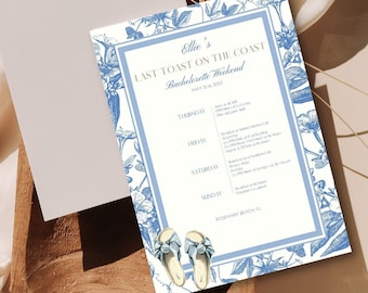 Bachelorette Itinerary Template | Coastal Grandma Bachelorette | Last Toast on the Coast | Instant Download