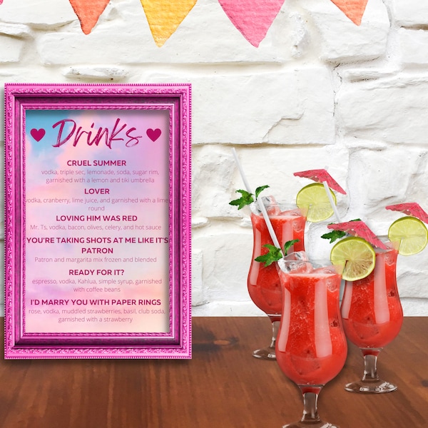 Menú del bar temático LOVER/ Menú de cócteles personalizado / Taylor Swift Bachelorette / Amante / Menú de cócteles exclusivos personalizados