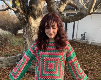 Granny Square Sweater Pattern / Crochet Jumper / Vintage Retro Clothing / Crochet Top / Crochet 70's / Gift for Her / Boho Style