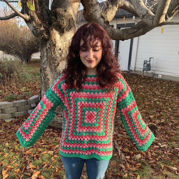 Granny Square Sweater Pattern / Crochet Jumper / Vintage Retro Clothing / Crochet Top / Crochet 70's / Gift for Her / Boho Style