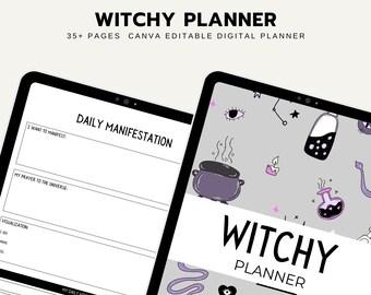 May include: A digital planner with a gray background and a witchy theme. The cover features a cauldron, a snake, a crow, and other witchy symbols. The text "WITCHY PLANNER" is in black and white. The planner is 35+ pages and is editable in Canva.