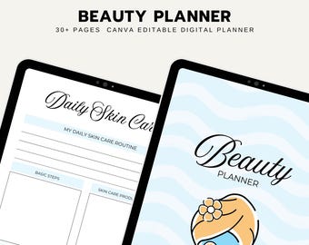 May include: A digital planner template for beauty routines. The cover features a blue and white wavy background with a line drawing of a woman wearing a face mask and a towel on her head. The text "Beauty Planner" is written in a cursive font.