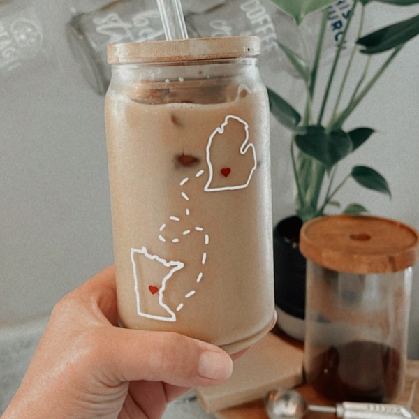Custom State Distance Glass Cup | Soda Can Cup | COFFEE | Sticker | State to State  | Long Distance | Best Friends | Best Friend Gift