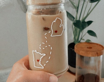 Custom State Distance Glass Cup | Soda Can Cup | COFFEE | Sticker | State to State  | Long Distance | Best Friends | Best Friend Gift
