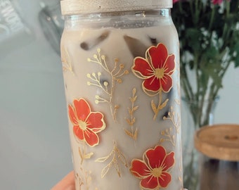 Gold Foil Floral Wrapped Color Changing Glass Cup | Soda Can Cup | COFFEE | Sticker | Ningxia | Spring | Summer | Color Changing