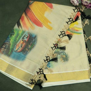Kerala Gold Tissue Kasavu Saree with Kathakali & Backwater Print with Tassels