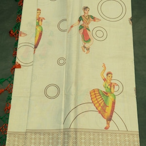 Kerala Gold Tissue Kasavu Saree with Dancer Print and Colorful Tassels
