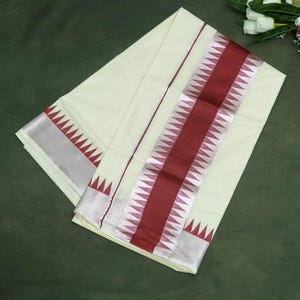 Kerala Cotton Saree with Maroon & Silver Temple Border
