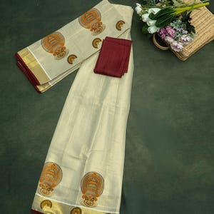 Kerala Printed Gold Tissue half saree Set ||Onam Special||Kerala Tissue Half Saree with Kathakali Print & Maroon Blouse