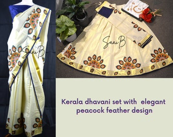 Kerala Dhavani Set with Peacock feather patterns||Printed Tissue Dhavani Set ||Onam Special||Kerala Traditional wear