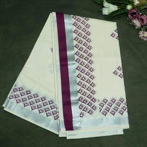 Kerala Cotton Kasavu Saree With Silver Border and Flower Motifs
