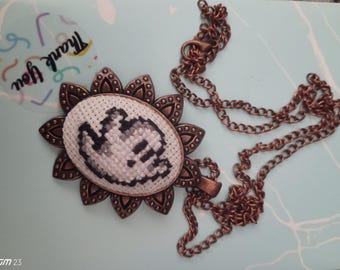 Cross Stitch Ghost Necklace Embroidered Pendant Handmade Spooky Jewelry Halloween Gift