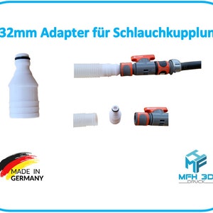 Könnte beinhalten: Ein weißer Kunststoffadapter mit 32 mm für eine Schlauchkupplung. Der Adapter hat ein Gewindeende und einen glatten, zylindrischen Körper. Der Adapter ist in Deutschland hergestellt.