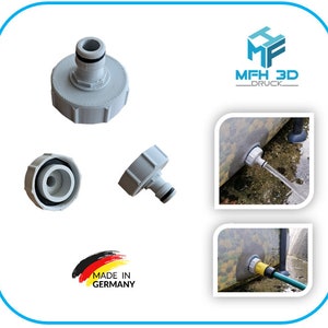 Könnte beinhalten: Ein Satz aus drei weißen Kunststoffadaptern zum Anschließen eines Gartenschlauchs an einen Pool oder ein Schlauchboot. Die Adapter haben ein Gewindeende und ein Schnellkupplungsend. Das Bild zeigt auch die Adapter, die zum Anschließen eines Schlauchs an einen Pool verwendet werden.