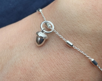 Dainty Acorn Bracelet- 925 Sterling Silver- Satellite chain