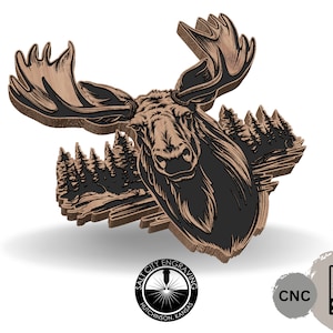 May include: A wooden carving of a moose head with antlers, set against a background of a forest scene. The carving is in a brown wood tone with black details. The carving is labeled "Salt City Engraving Hutchinson, Kansas".