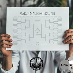 Puede incluir: Un bracket de March Madness imprimible con un icono de baloncesto en el centro. El bracket está diseñado para un torneo de 64 equipos e incluye espacios para los nombres de los equipos y las puntuaciones.