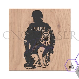 以下が含まれることがあります： 警察官とジャーマンシェパードの警察犬の黒いシルエット。警官は帽子をかぶり、胸に「POLICE」と書かれています。犬は「POLICE K-9」と書かれたベストを着ています。