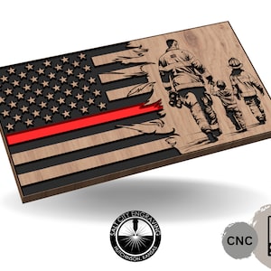 May include: A wooden cutout of an American flag with a red line across the middle, representing the thin red line. The flag is partially torn, revealing a silhouette of three firefighters walking, holding hands. The text "SALT CITY ENGRAVING HUTCHINSON, KANSAS" is visible in a circle below the flag.