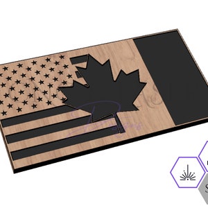 May include: A wooden sign with a cutout design of the American and Canadian flags. The American flag is on the left side of the sign and the Canadian flag is on the right side. The Canadian flag is represented by a maple leaf.