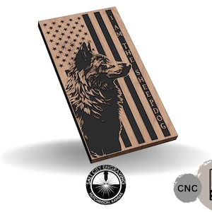 May include: A wooden sign with an American flag design and a black silhouette of a German Shepherd dog's head. The text "I AM THE SHEEPDOG" is written vertically on the right side of the sign. The sign is made by Salt City Engraving in Hutchinson, Kansas.