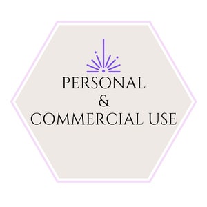 Może przedstawiać: Grafika w kształcie sześciokąta z purpurowym wzorem rozbłysku gwiazdy i tekstem "PERSONAL & COMMERCIAL USE" w kolorze czarnym.