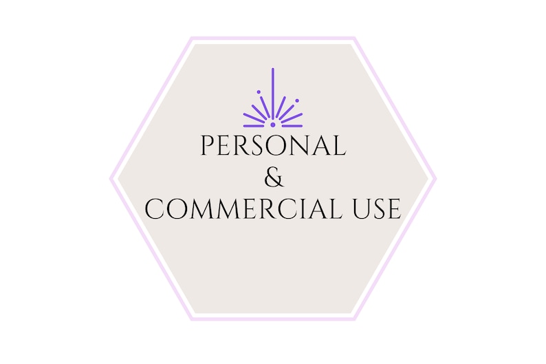 Może przedstawiać: Grafika w kształcie sześciokąta z purpurowym wzorem rozbłysku gwiazdy i tekstem "PERSONAL & COMMERCIAL USE" w kolorze czarnym.