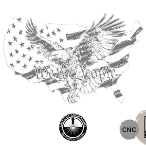 May include: A gray scale image of a bald eagle flying over a stylized outline of the United States. The eagle's wings are spread wide and the eagle is flying over a US flag with the words "We the People" written on a banner. The image is a patriotic design.
