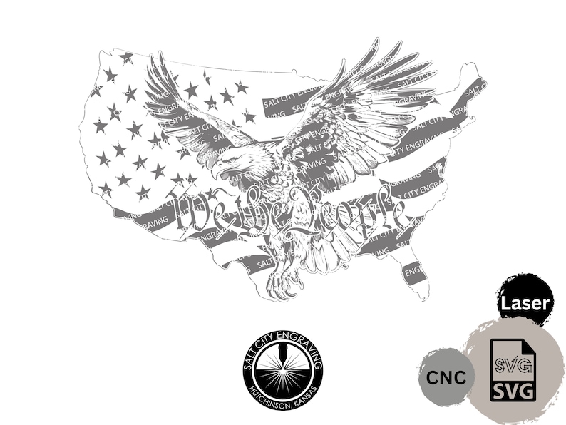 May include: A gray scale image of a bald eagle flying over a stylized outline of the United States. The eagle's wings are spread wide and the eagle is flying over a US flag with the words "We the People" written on a banner. The image is a patriotic design.