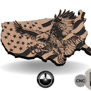 May include: A wooden cutout of the United States of America with a bald eagle flying over the country. The eagle is flying over the words "We the People" and the American flag is in the background. The cutout is made by Salt City Engraving in Hutchinson, Kansas.