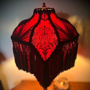 The Crimson Mina - Handsewn Victorian Goth Fringe Lampshade Velvet Vintage Silk