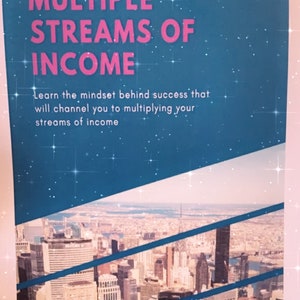 May include: A blue and pink motivational poster with the text "MULTIPLE STREAMS OF INCOME" and the text "Learn the mindset behind success that will channel you to multiplying your streams of income". The poster features a cityscape with skyscrapers.