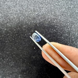 May include: A small, oval-shaped, deep blue gemstone held by a pair of silver-toned metal tweezers. The stone features a smooth, polished surface with visible internal facets and a translucent quality, reflecting light across its dark blue hue.