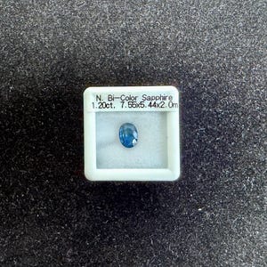 May include: An oval-cut blue bi-color sapphire gemstone displayed in a white square display box. The label on the box reads N. Bi-Color Sapphire 1.20ct, 7.55x5.44x2.0mm. The gemstone features a faceted surface with a deep blue and lighter blue hue.