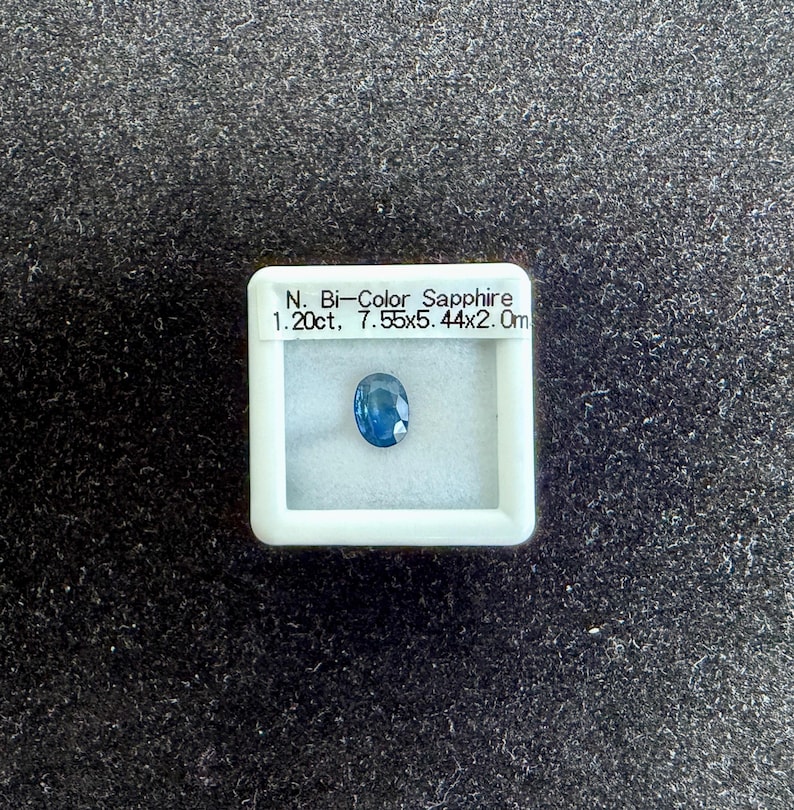 May include: An oval-cut blue bi-color sapphire gemstone displayed in a white square display box. The label on the box reads N. Bi-Color Sapphire 1.20ct, 7.55x5.44x2.0mm. The gemstone features a faceted surface with a deep blue and lighter blue hue.