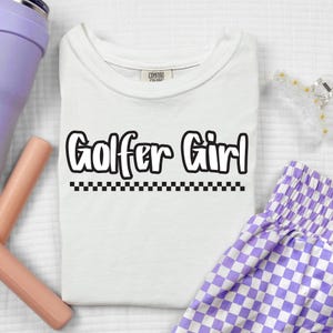 ゴルファーガールチェックプリントトレンディグラフィックデザインPNGTシャツ