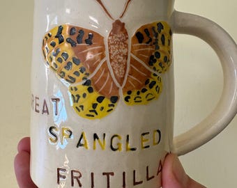 Hand-Thrown Spangled Fritillary Butterfly Mug, Hand-Painted Ceramic Pottery